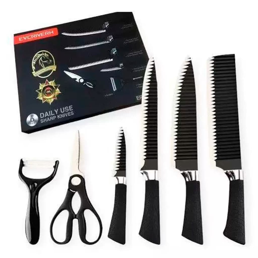 Kit Facas Cozinha Premium Inox 6 Peças Descascador Tesoura