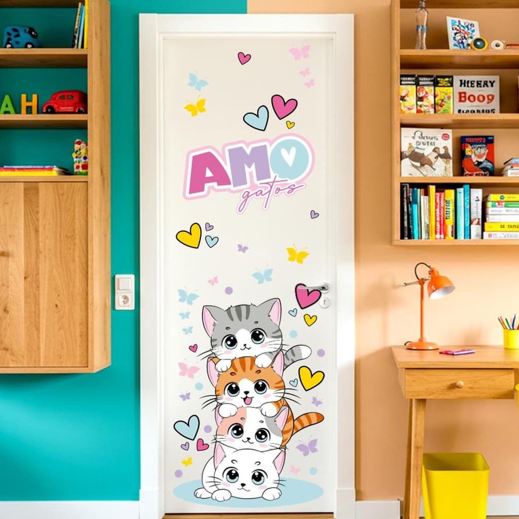 Adesivo Infantil Gatos Para Porta Lavável Seguro Fácil Aplicação Quarto Menina Menino Criativo