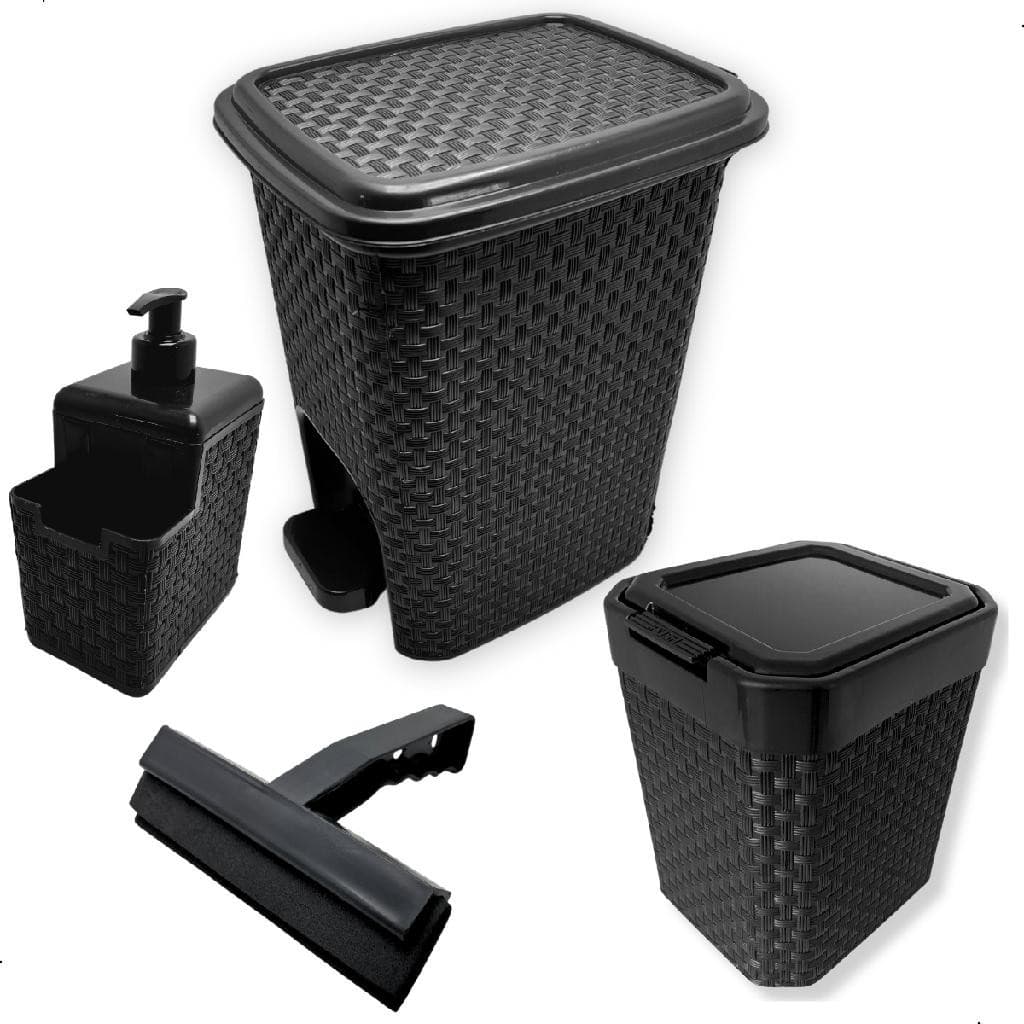 Kit Porta Detergente Esponja + Rodinho de Pia + Lixeira Pia 5 Litros + Lixeira 7 Litros - Kit Cozinha 3 Peças