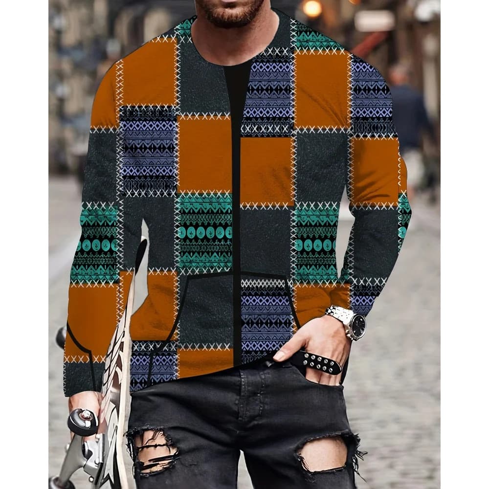 Camisetas Masculinas Vintage De Manga Comprida , tops Xadrez Irregulares , Roupas De Rua Casuais , Moletons Folgados plu