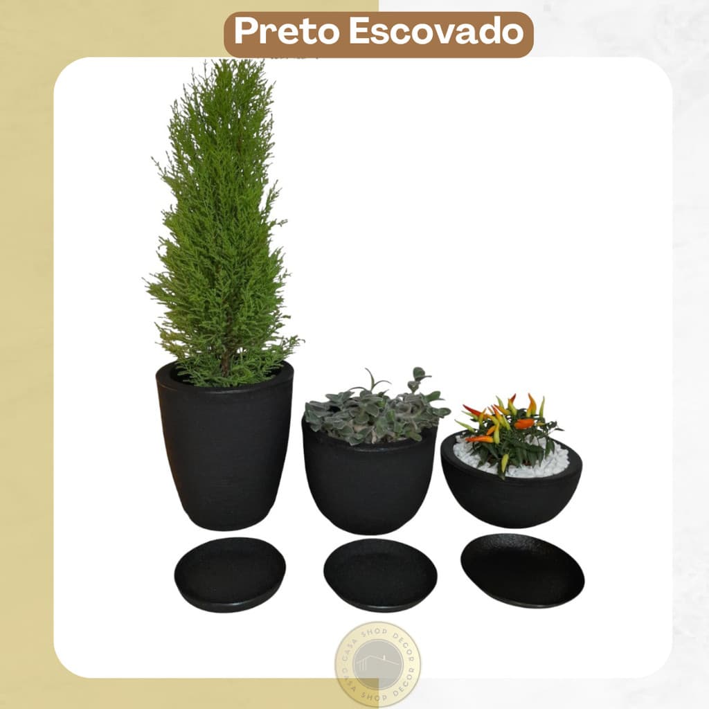 Vasos Polietileno Para Plantas Jardim Sala Luxo Cone Bojo N2 Com Pratos Bojo N1 e Bacia N1 Escovados