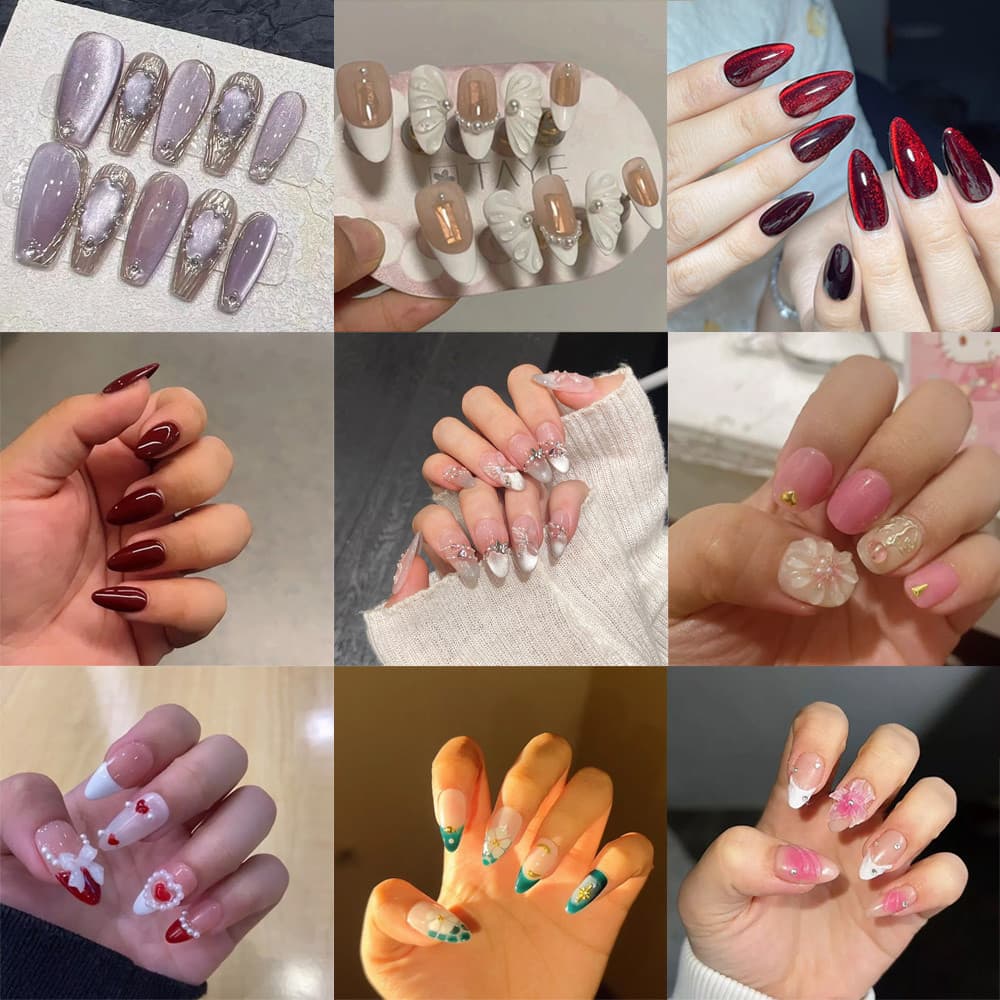 [Feito à Mão + Sem Cola] Conjunto de Unhas Pressionadas de Amêndoa Rosa Vermelho Olho de Gato Design de Ponta de Asa Tra