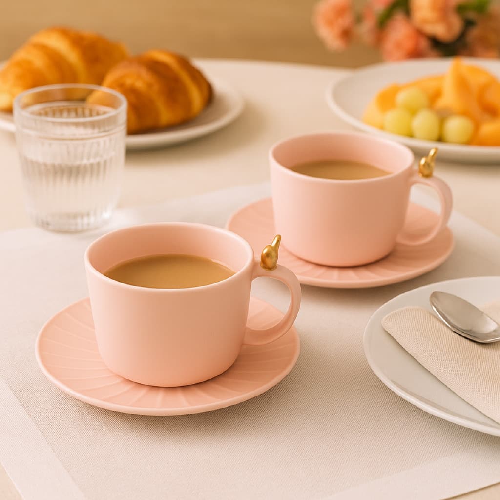 Jogo 2 Xícaras Wolff de Chá em Cerâmica 170ml Colibre Pássaros Passarinhos Rosa Requintada Luxo Mesa Posta Café Chá
