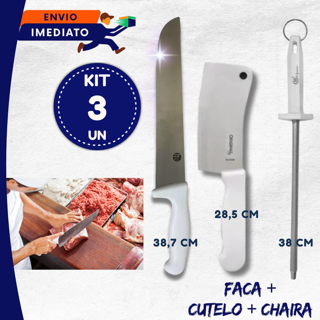 JOGO 03 Un Faca 8" 10" Chef Cutelo Chaira Amolador Açougueiro Churrasco Açougue Cozinha Inox Machadinha Premium Presente