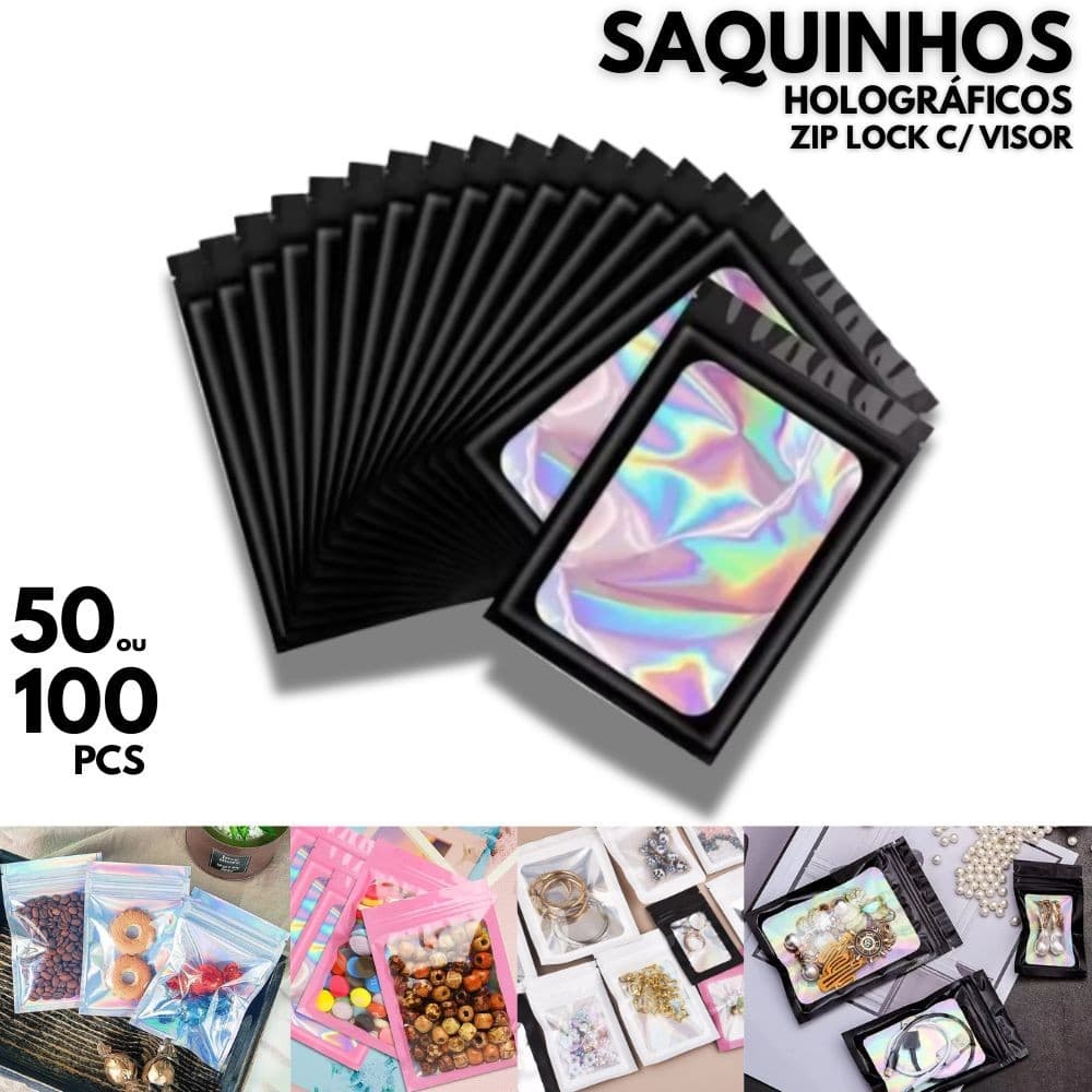 Sacos Zip Lock Holográfico Hermético Com Visor Transparente Kit 50/100 Saquinho Embalagem Zip Brinde Vendas Joias
