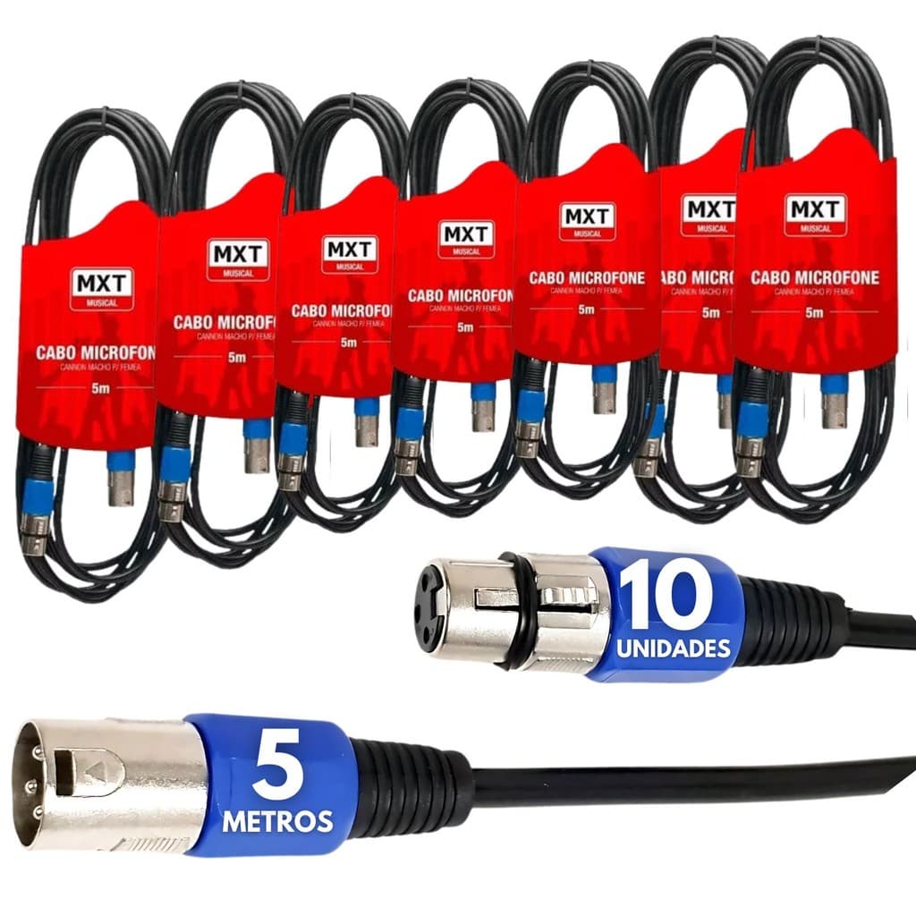 kit 10 Cabos Microfone 5m Metros Audio Profissional Cannon Fio Macho Femea Balanceado Conector XLR