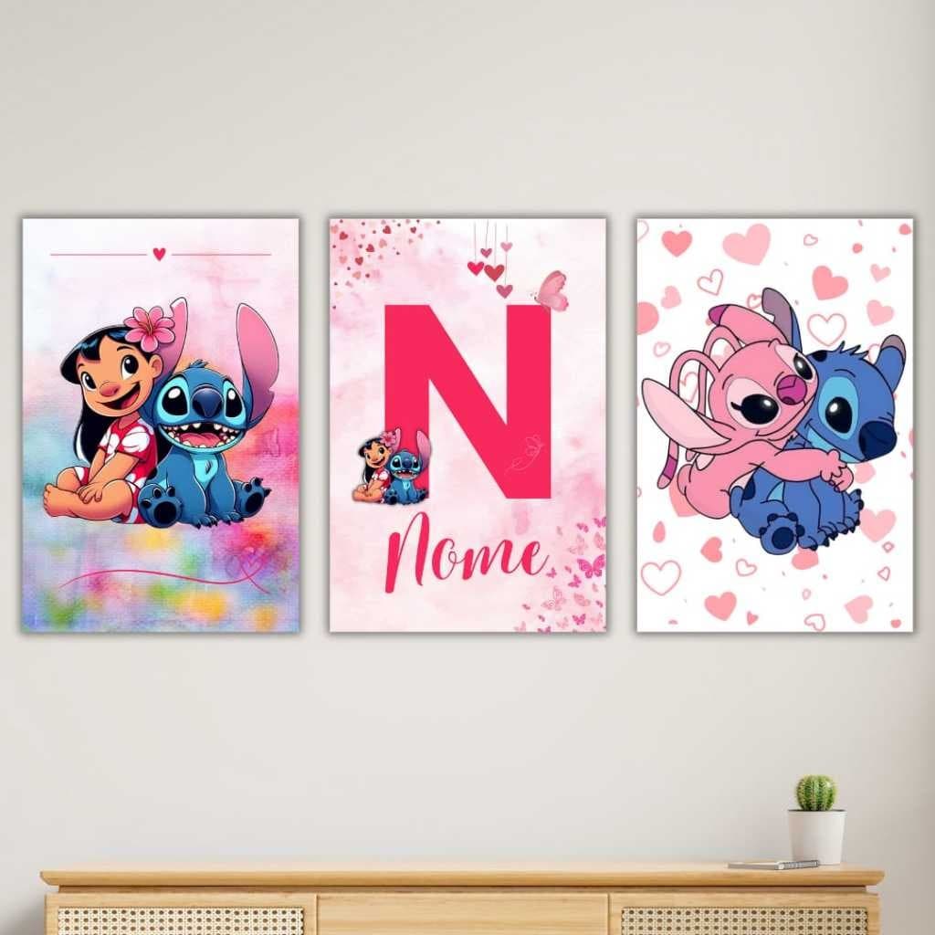 Quadros Decorativos Lilo Stitch Angel Nome Personalizado Kit 3 Peças Menina Infantil