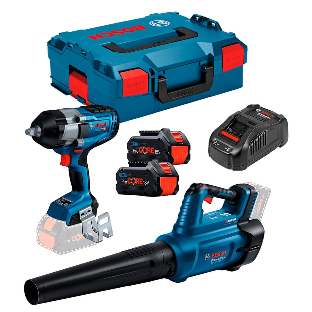 Soprador Folhas GBL18V-750 + Chave Impacto 1/2" GDS18V-1000SB + Carregador + 2 Baterias ProCore 18V 8Ah + Malela Bosch