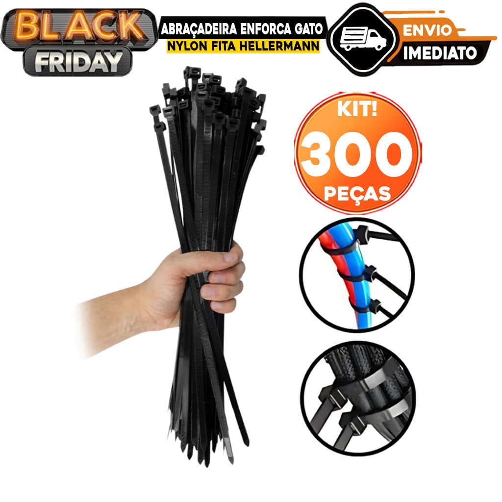 Abraçadeira Enforca Gato de Nylon Fita Hellermann "4,8mm x 300mm c/ 300 Unidades Cintas Plásticas Preto Ideal p/ Fixação