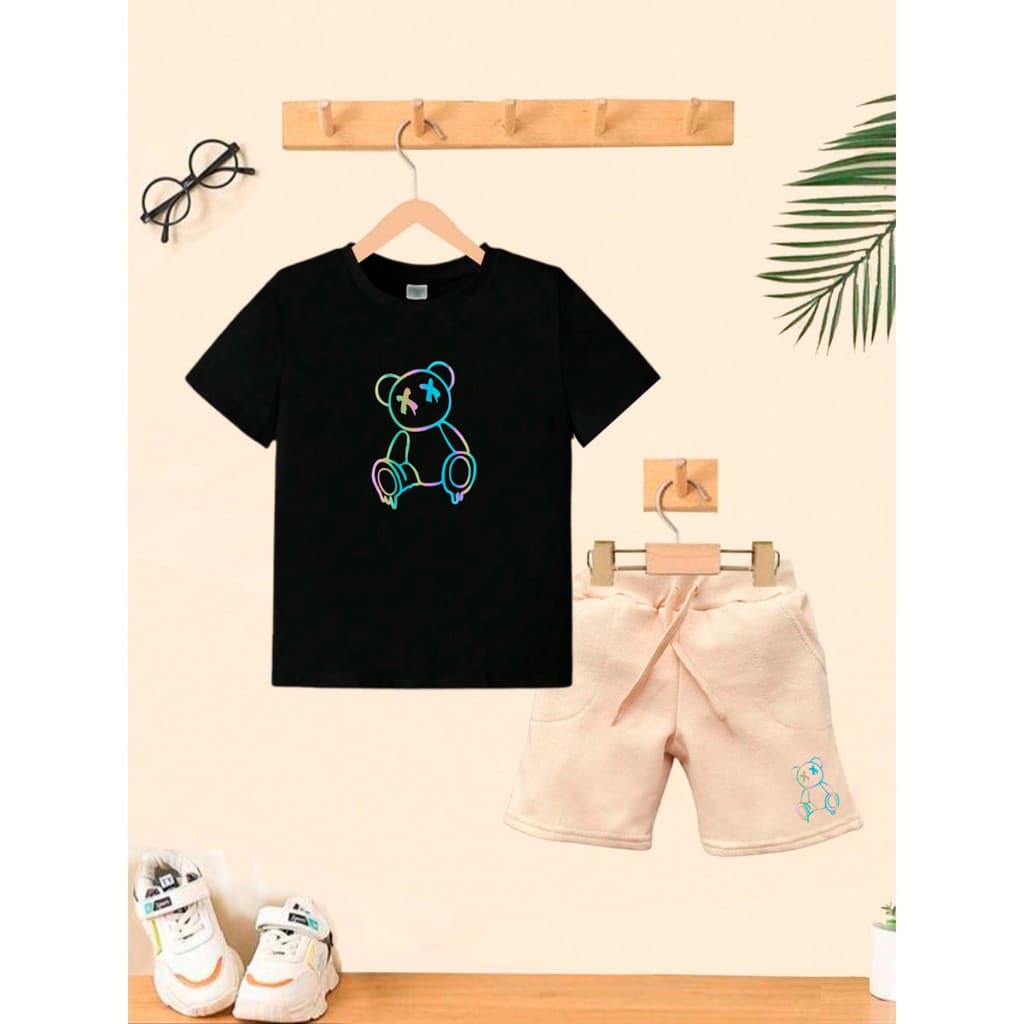 Camiseta + Short Safari Conjunto  Infantil Uso Moda Teen Kids Bolso Lateral Urso Holografico