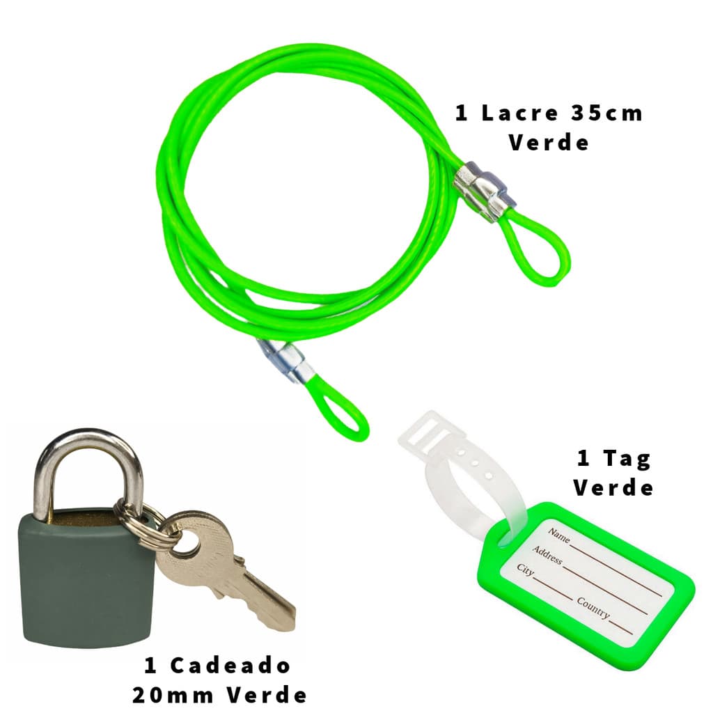 Kit Travel - 1 Lacre Color 35cm + 1 Cadeado Color 20mm + 1 Tag Identificador Bagagem
