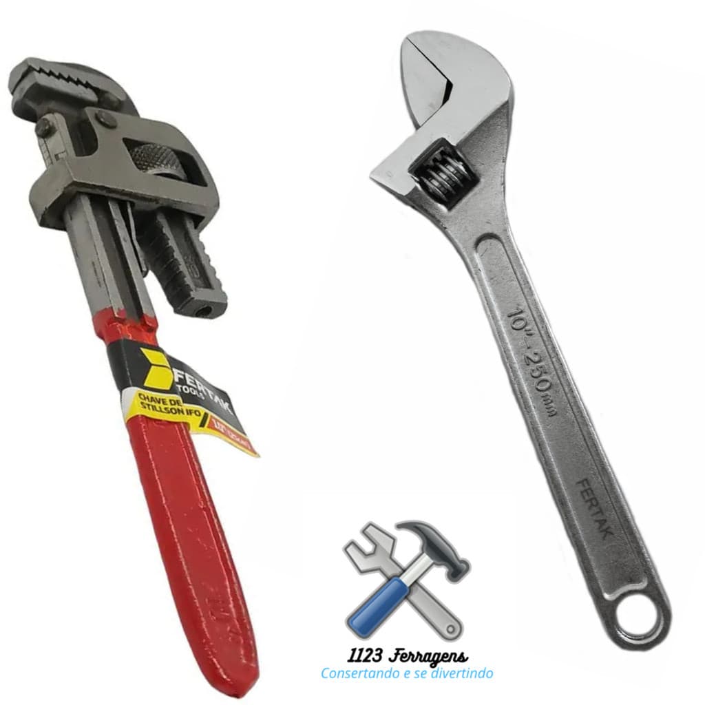 Kit- 1 Chave de Grifo 10"Pol 250mm+1 Chave Inglesa 10" 250mm Ajustável Reforçada Fertak