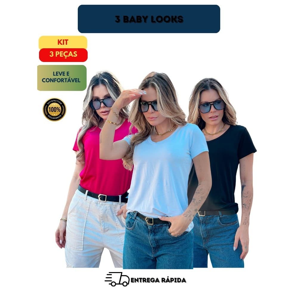 Kit 3 Blusas Feminina Manga Curta Gola V T-Shirt