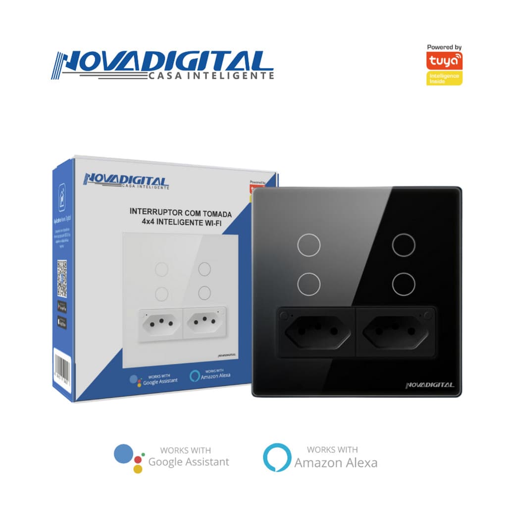 Interruptor Inteligente Wi-Fi 4 Botões 4x4 2Tomada PRETO  Alexa Google Home NovaDigital IT-WK-4x4-B