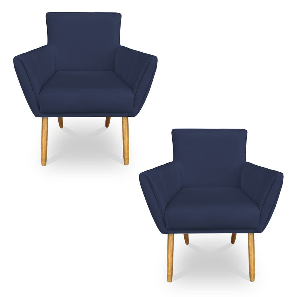 Kit 2 Poltronas Decorativa Leticia Suede Azul Marinho Pés Palito Castanho - Pallazio