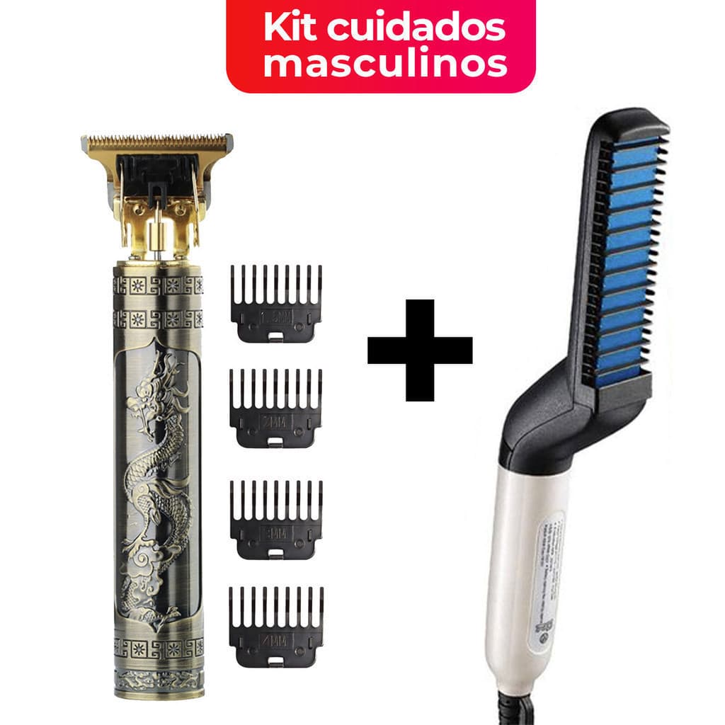KIT 2 Escova Barba Chapinha Modelador Pente + Máquina De Cortar Cabelo Para Barba Kit cuidados masculino