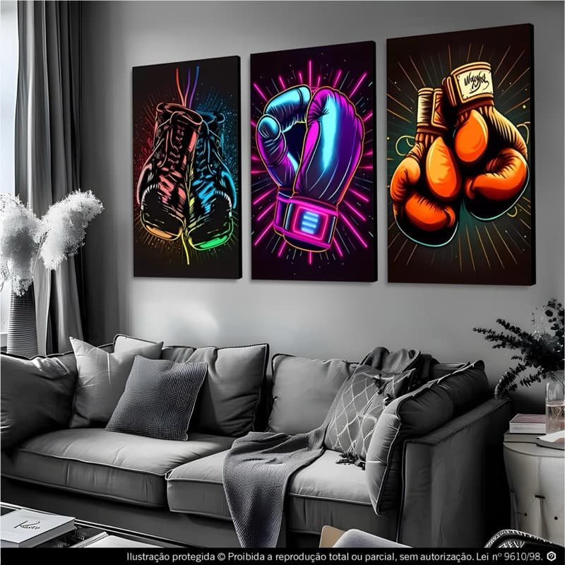 Quadro Decorativo Luva de Boxe 3 Peças Neon Vibrante