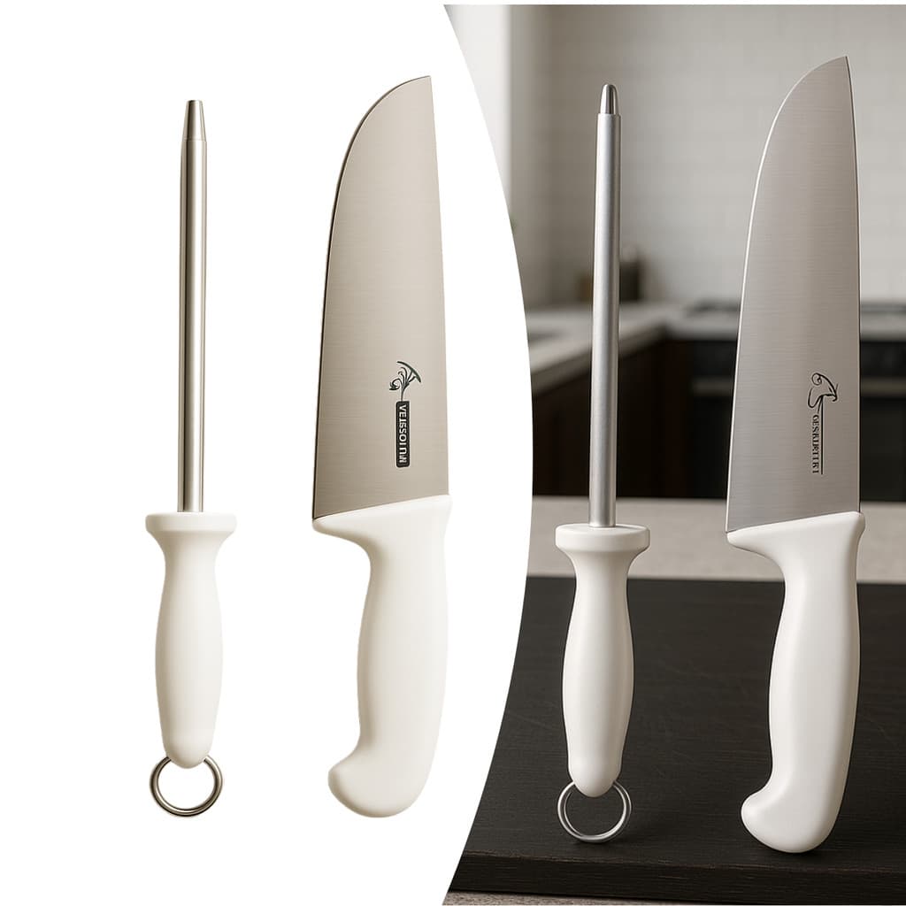 Kit Churrasco Faca Inox 8 Polegadas + Chaira Afiador De Facas Amolador Tipo Açogueiro Açogue Branca