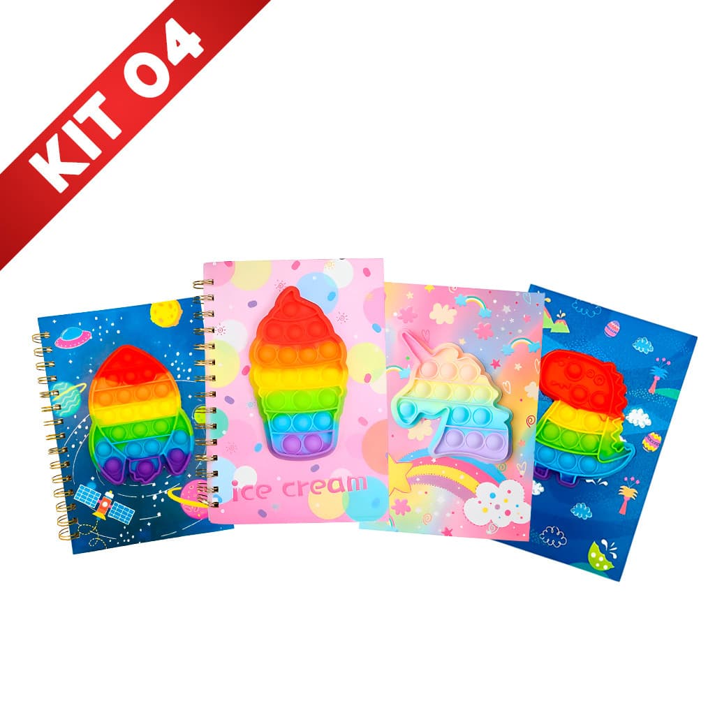 Kit 4 Caderno Espiral Pop-It 80 Folhas | Brinde Criativo e Antiestresse para Crianças