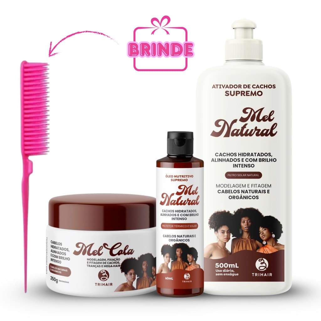 Mel Cola 250g + Ativador 500ml + Óleo Mel Natural + BRINDE (Pente  3 fileiras)