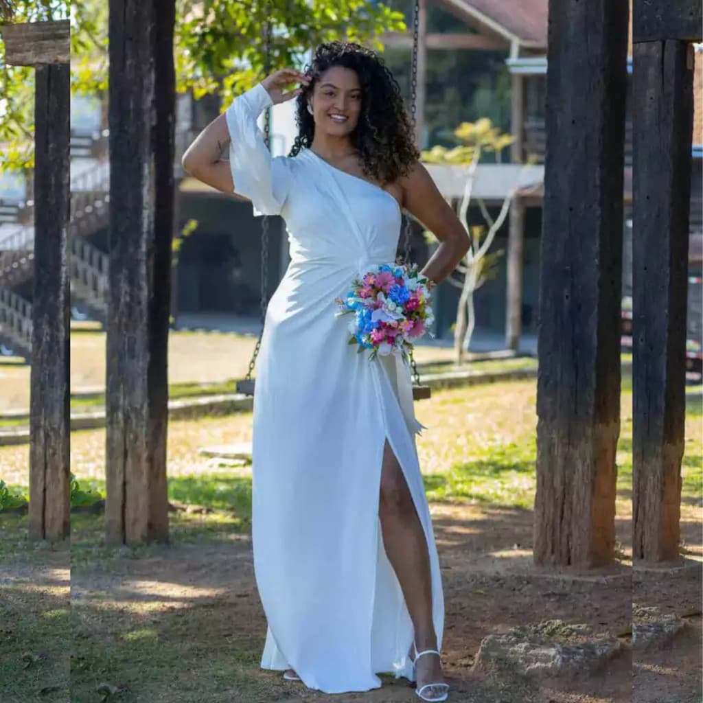 Vestido Longo Branco Noiva Civil Elegante Feminino Casamento Festa Cerimônia Luxo Sofisticado