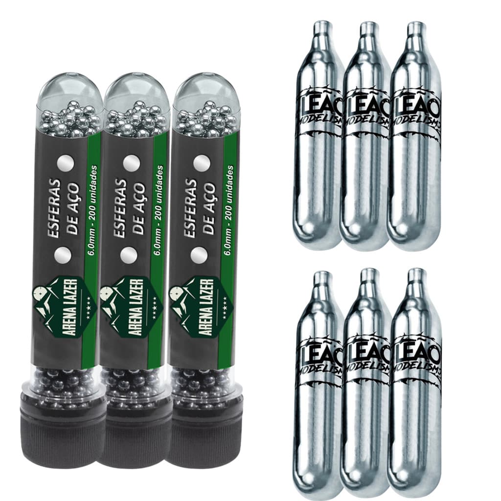 Kit Esportivo de Alta Performance: 600 Esferas de Aço Carbono 6mm + 6 Cartuchos CO2 12g Leão Modelismo