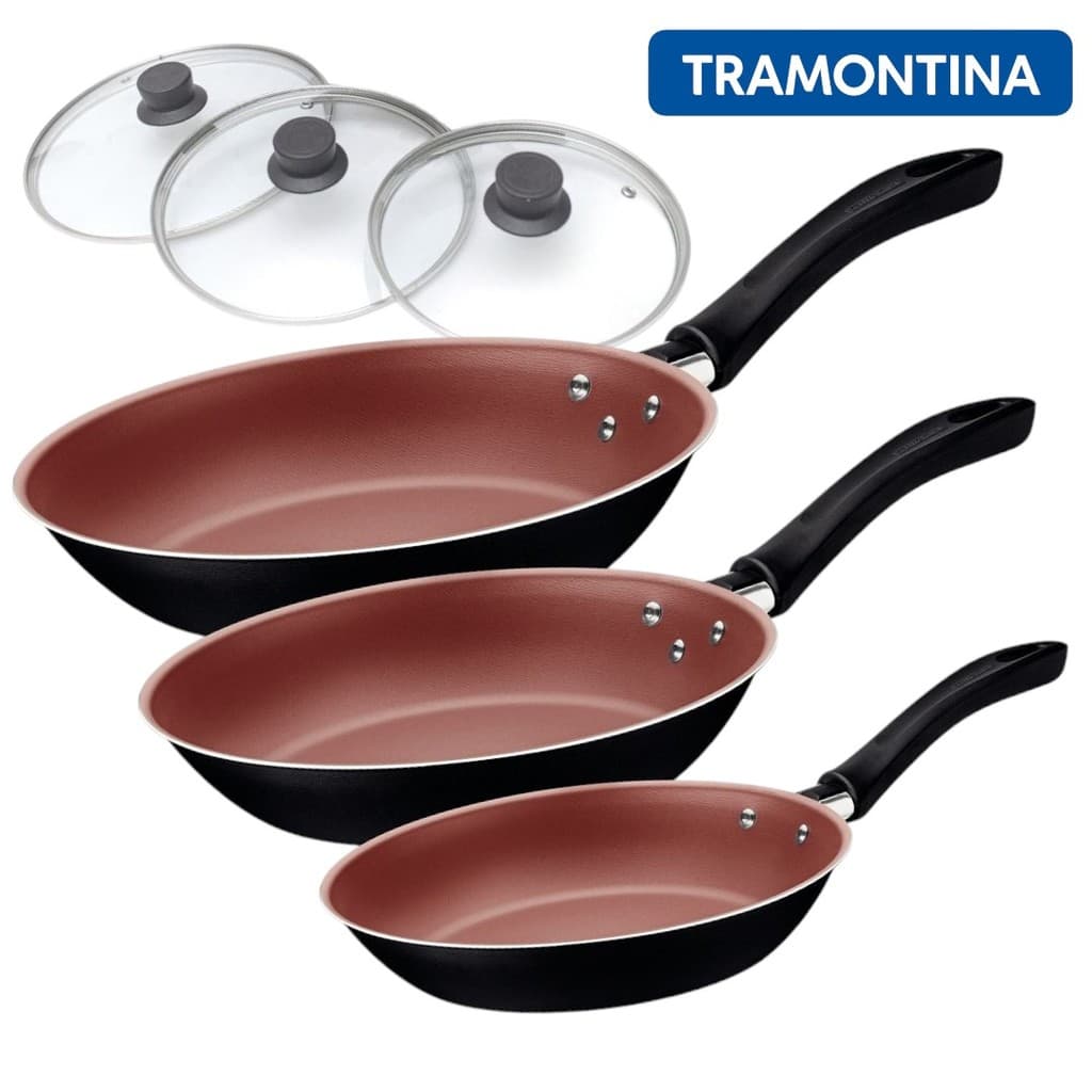 Jogo de Frigideiras Tramontina Antiaderente Linz Pretas Interno Bronze com Tampas de Vidro - 3 Pçs