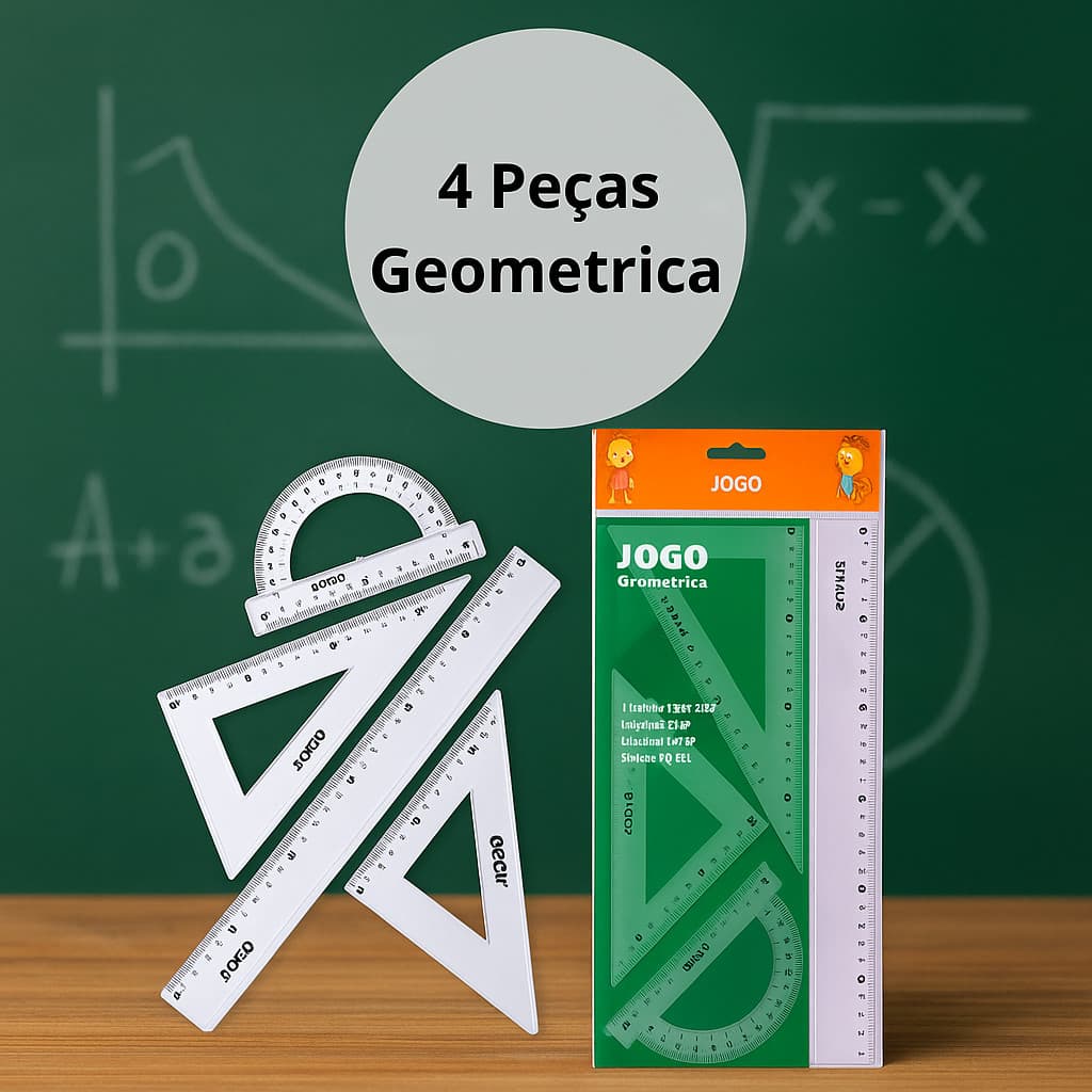 Kit Jogo Geométrico com 4 Peças Réguas Esquadros e Transferidor Escolar