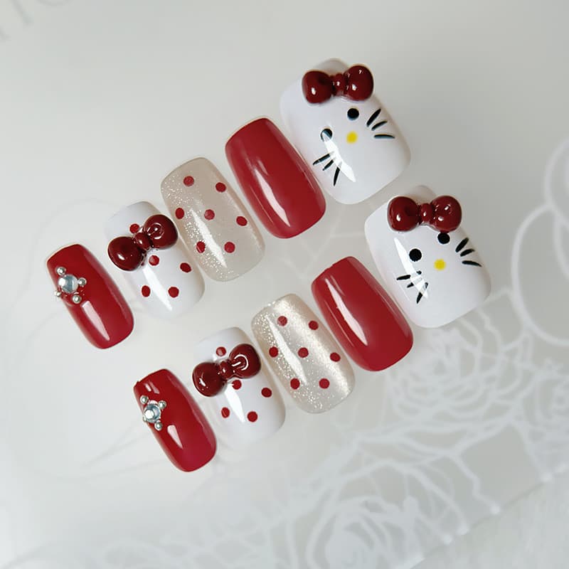 10 Pcs Conjunto De Unhas Falsas Com Cola Kitty Press on Nail Set FM047