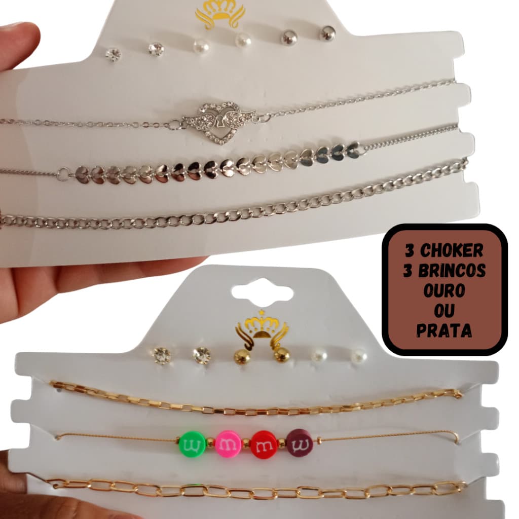 Kit 03 Choker Luxo Colar e 03 brinquinhos Prata ou Dourado colar festa Para Festa / Clube / Presente/casamento/viagem