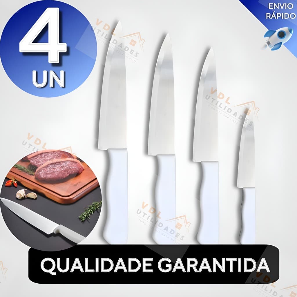 Kit 4 Facas Peixeira Em Inox Profissional 7" 6” 5” 3,5” Cabo Branco Para Cozinha e Churrasco