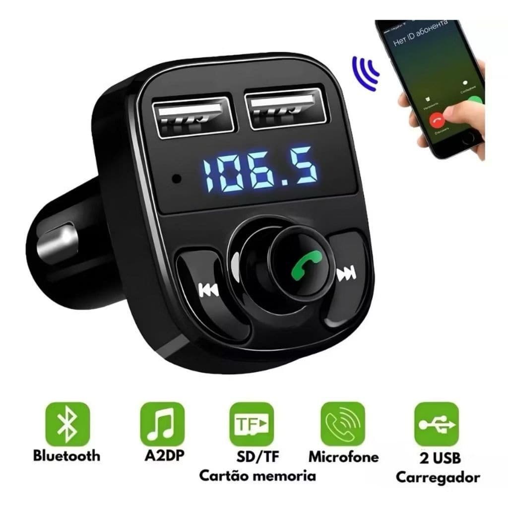 Adaptador Bluetooth Carro Transmissor FM Carregador Veicular Sem Fio Compatível com Android e IOS - x8