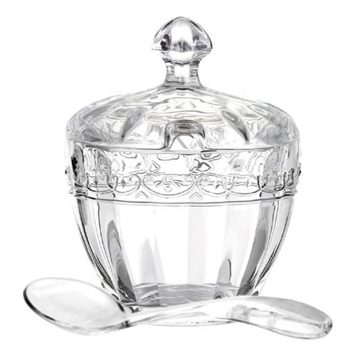Açucareiro De Vidro Cristal Com Tampa E Colher Pote Açucar