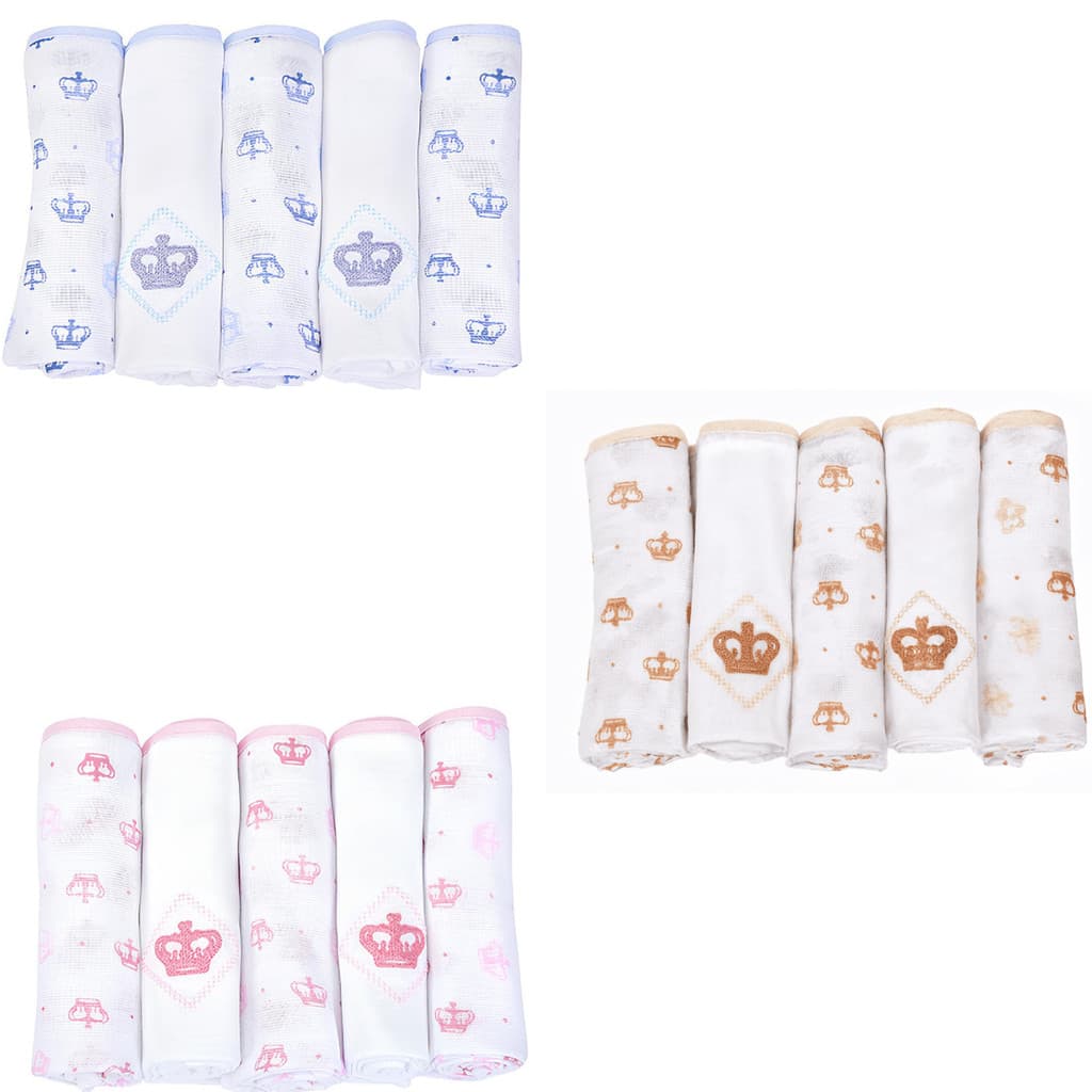 Kit 5 Fraldas de Ombro Bebê Minasrey Reininho 70x68cm Bordadas e Estampadas Coroa Tecido Duplo