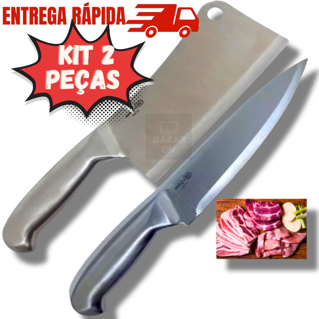 Kit 2 Peças Cutelo + Faca Peixeira Profissional Escovado Aço Inox Inteiriço Corta Osso Nervo Afiado