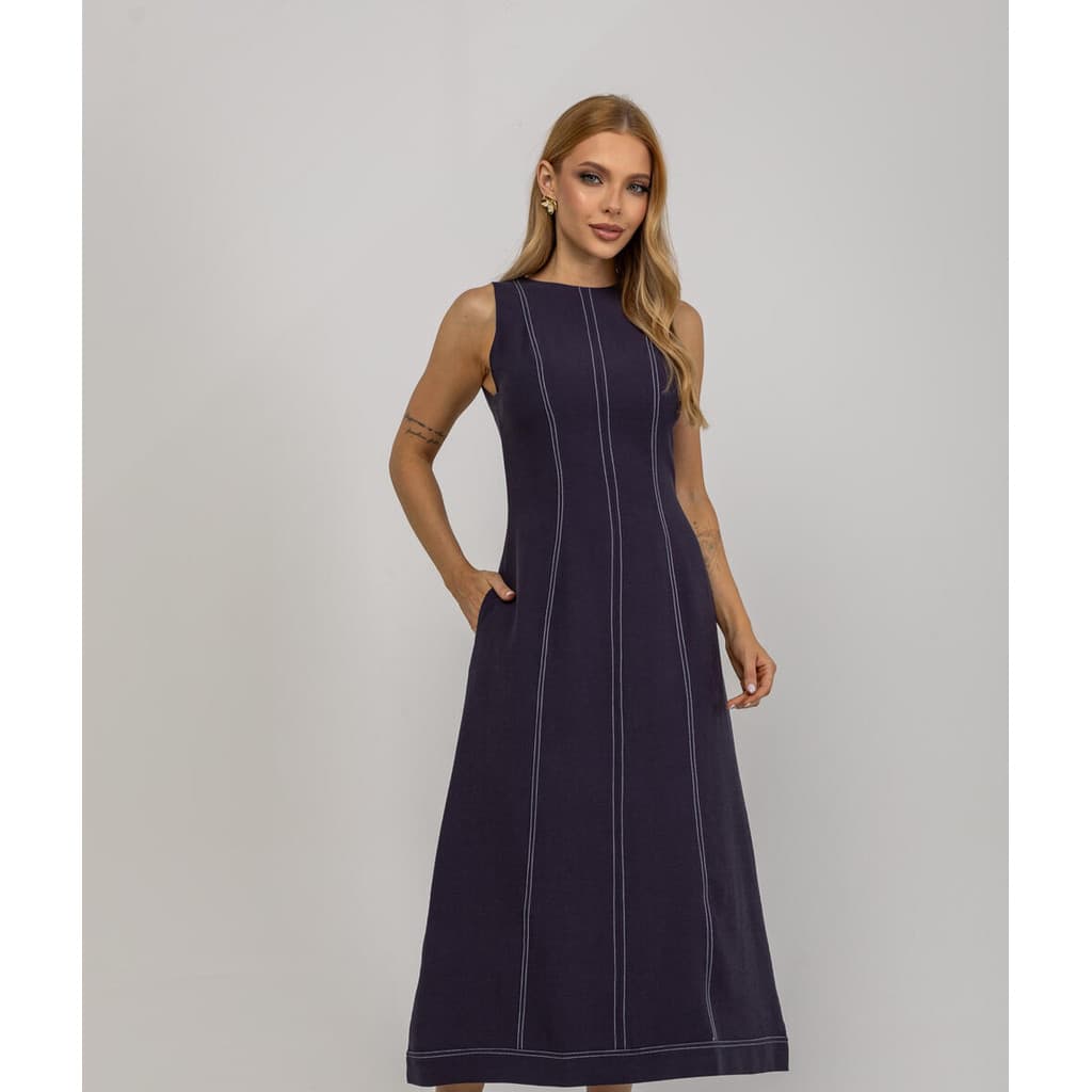 Vestido De Alfaiataria Midi Com Costura Contrastantes Salvatore