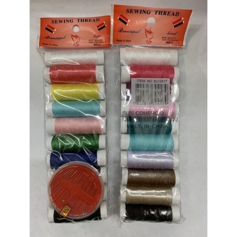 Kit linha de costura com 10 rolinho de linha com cores diversas sortidos  com 10 agulhas (P58-A)