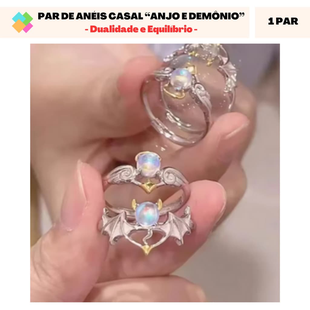 Anel para Casal “Anjo & Demônio” (Dualidade e Equilíbrio) - Ajustável e em Aço Inoxidável (1 Par)