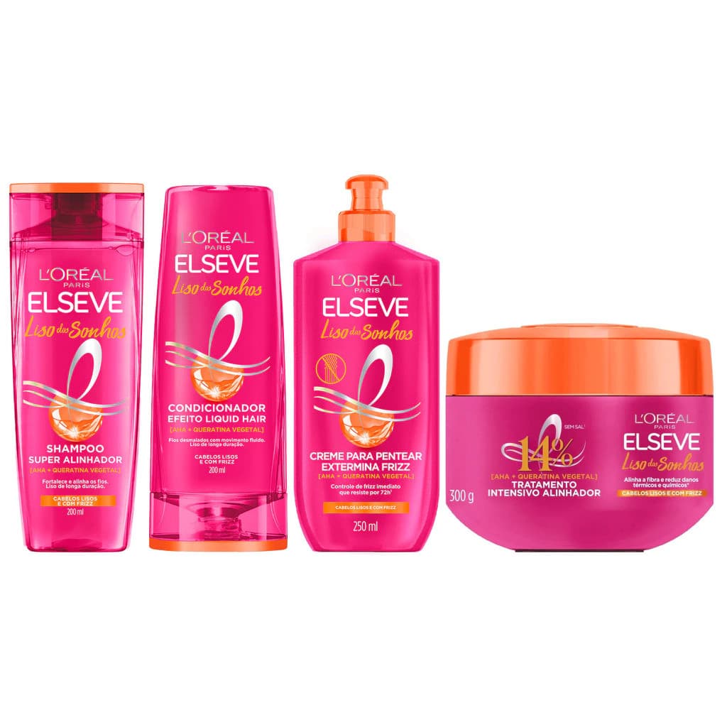 Kit Elseve Liso Dos Sonhos Shampoo 200ml+Condicionador 200ml+Máscara 300g+Creme Para Pentear 250ml