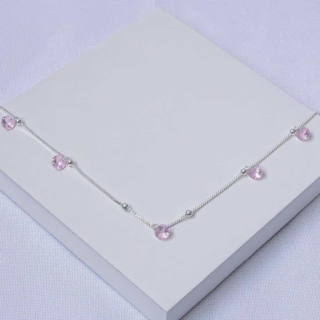 Colar Veneziana Feminino Folheado a Prata com Cristais Rosa