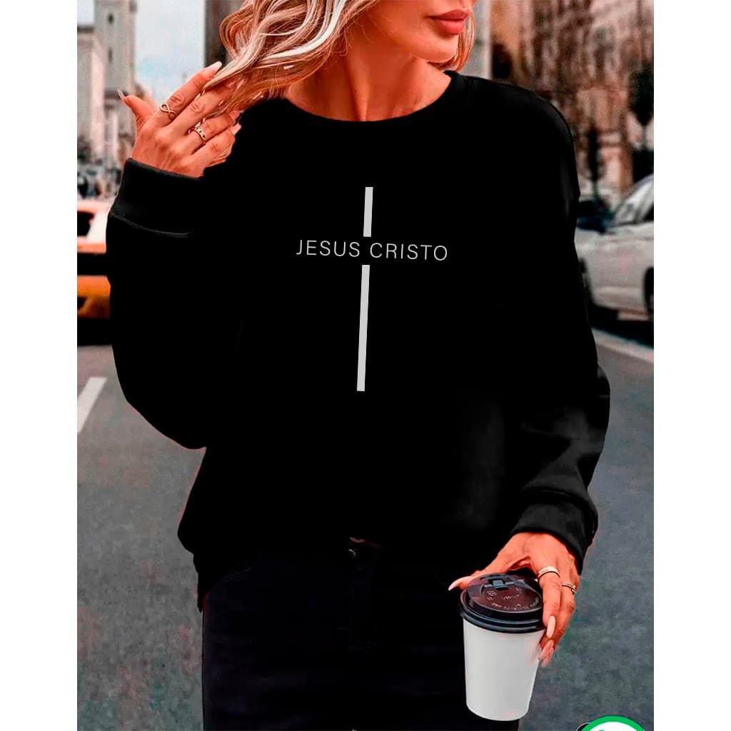 Moletom Feminino Plus Size Gola Careca Preto – "Jesus Cristo Cruz" MLTCARECAFEM-1638-PT fox street