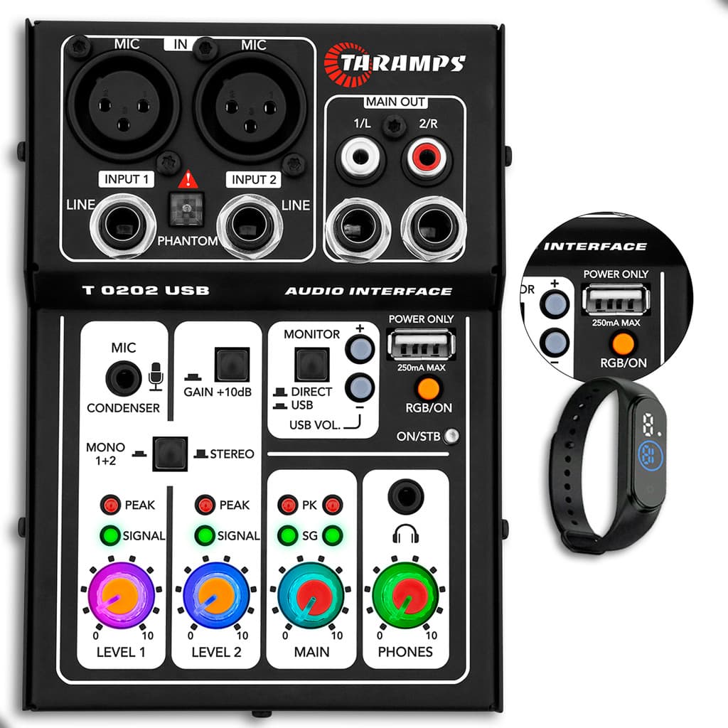 Mesa de Som Interface USB T0202 - PRETO - 2 Canais RGB XLR P10 Phantom Power 48v Taramps