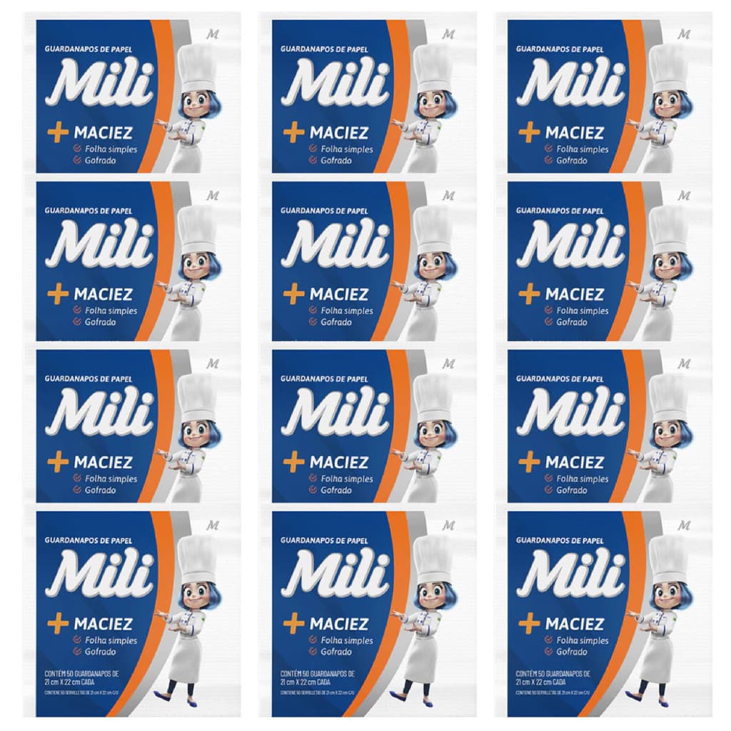 Kit 12 Pacotes Guardanapo de Papel Mesa Mili 50 Unidades 21x22cm Folha Simples Gofrado +Maciez