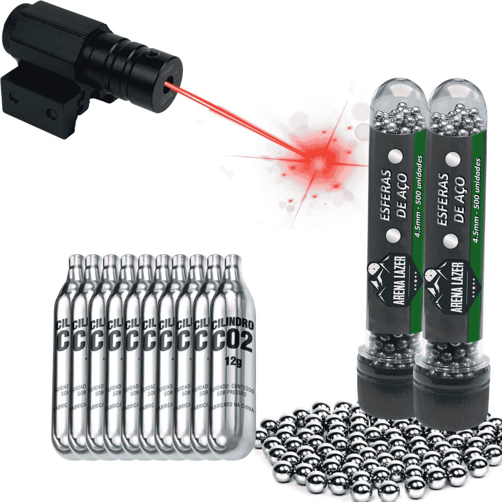 Kit Emissor de Laser + 1000 Esferas Aço 4,5mm + 10 CO2 12g – Tiro Esportivo e Treino de Precisão