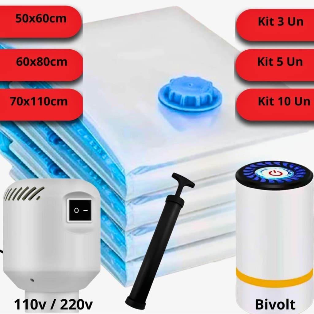Kit 10 Saco Vácuo Bomba Usb  Elétrica Manual Recarregável  Guarda Roupa Organização Roupas