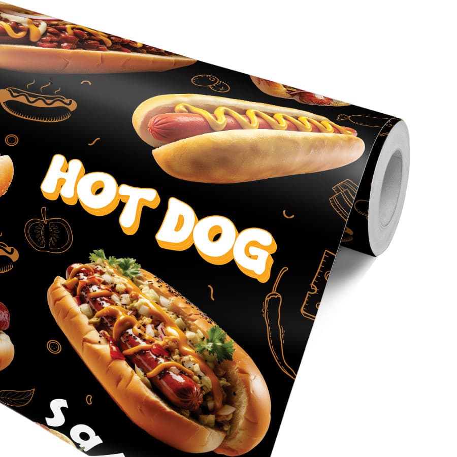 Papel de Parede Fast Food com Hot Dog Hambúrguer Fritas para Cozinha ou Lanchonete