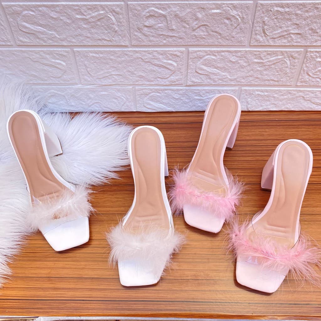 Sandália Tamanco Pluma Marabu Noiva Salto 9cm Branco Transparente Confortável