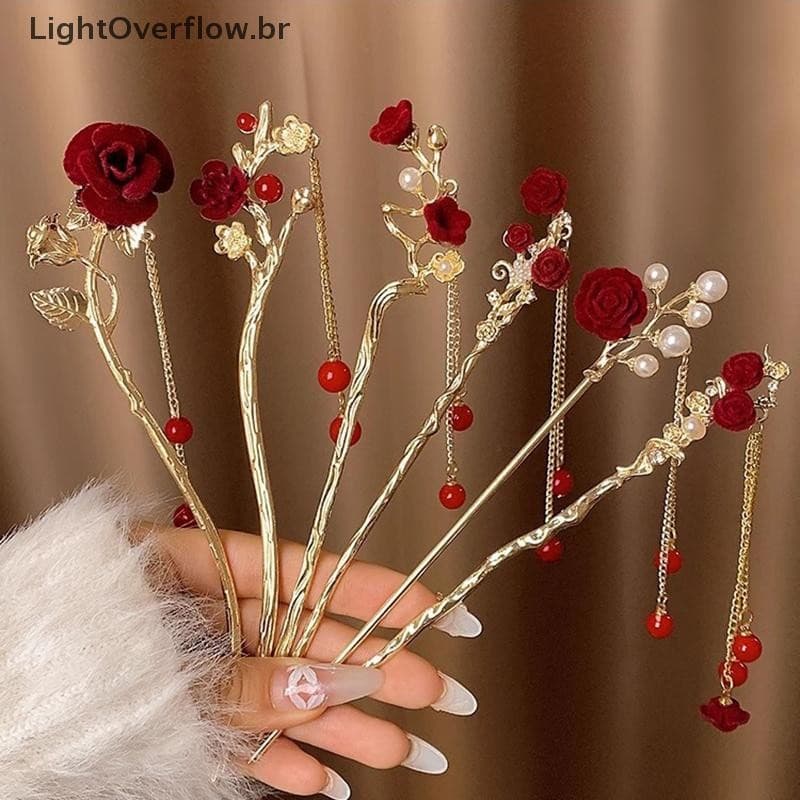 [LightOverflow] Bastões De Cabelo De Rosa Vermelha Feminino Antigo Pérola Grampo Garfo Pan Pauzinhos Presente De Dia Dos