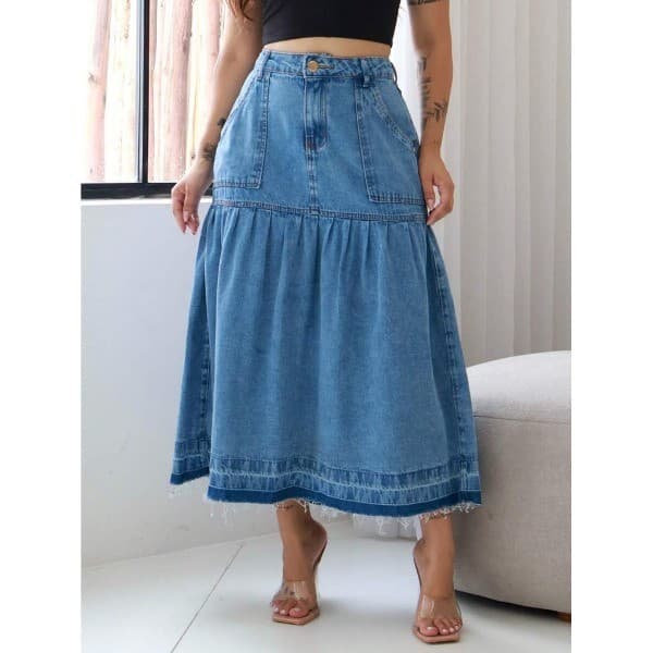 Saia Jeans Longa Feminina com Bolsos