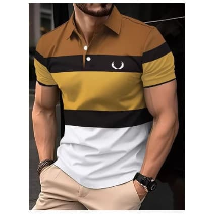 Camiseta Polo Com Estampa De Listras Simples Para Homens Moda Lapela Solta Manga Curta Tops Roupas Casuais De Golfe